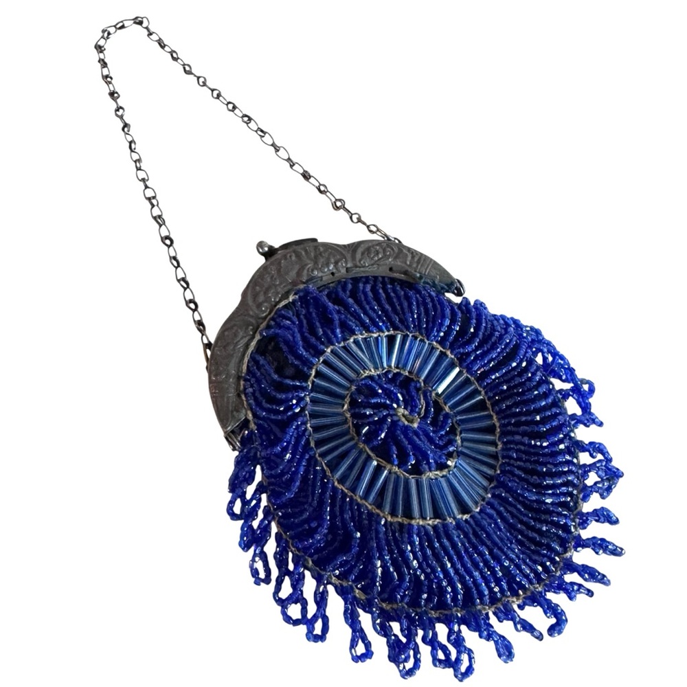 Vintage Hand Bag Cobalt Blue Beaded Evening Purse Seed Beads Deco Flapper